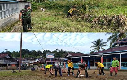 Gotong Royong bersama TNI dan Warga, Polsek Lebong Selatan Jadikan Lapangan Asrama Jadi Sarana Olahraga