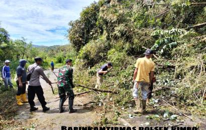 Bersama Warga, Bhabinkamtibmas Bersihkan Pohon Tumbang di Jalan Raya