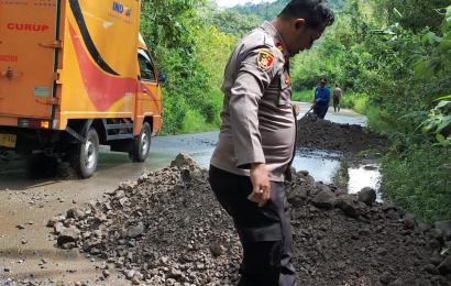 Sinergi, Polsek Rimbo Pengadang Timbun  Jalan Berlubang 