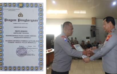 Bhabinkamtibmas Polsek Gading Cempaka Raih Penghargaan Pembina Satkamling Terbaik Tingkat Polda Bengkulu