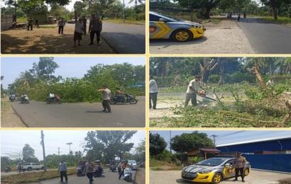 Personel Polsek Gading Cepaka Lakukan Pengamanan Penebangan Pohon di Jalan Citandui