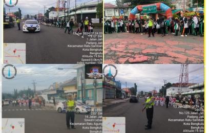 Personel Sat Lantas Polresta Bengkulu Lakukan Pengaman Jalan Santai dan Senam  Gemas HUT SMKN 1 Kota Bengkulu