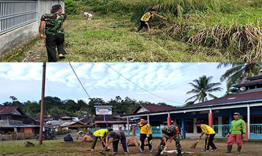 Gotong Royong bersama TNI dan Warga, Polsek Lebong Selatan Jadikan Lapangan Asrama Jadi Sarana Olahraga