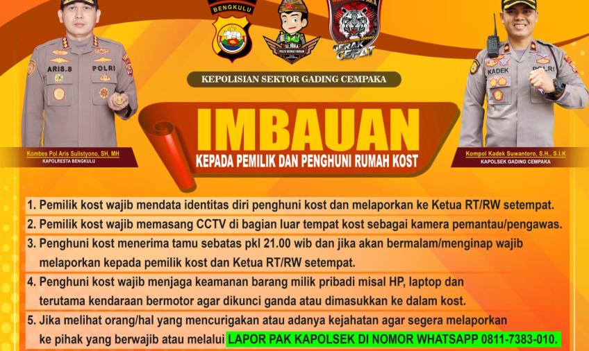 Wajib Tahu, Imbauan Polisi Untuk Pemilik dan Penghuni Kost di Singaran Pati dan Gading Cempaka