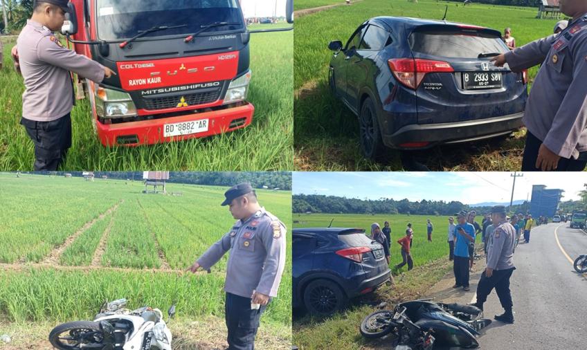 Lakalantas di Seluma, HRV Tabrak Colt Diesel dan 2 Motor Kemudian Nyasar ke Sawah Warga