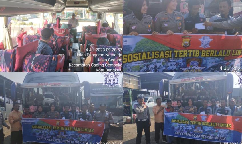 Satlantas Polresta Bengkulu Gelar Sosialisasi Tertib Berlalu Lintas Bersama Penumpang dan Sopir Bus PO. Putra Rafflesia