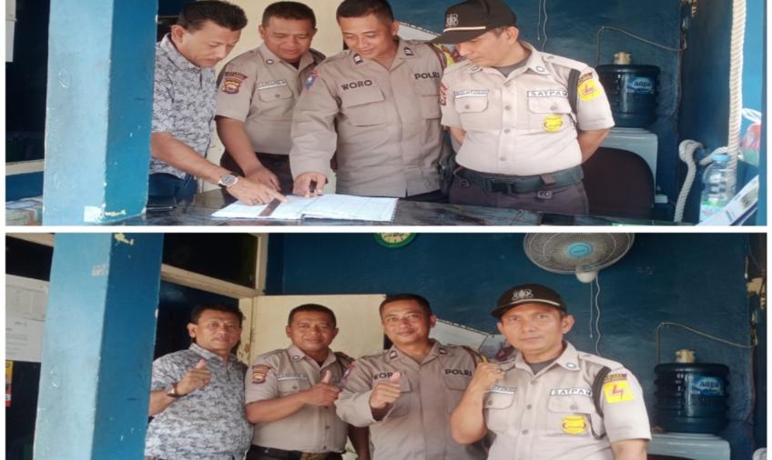 Jaga Keamanan Wilayah, Bhabinkamtibmas Polsek Teluk Segara Sambangi Satpam PLN kelurahan Pasar Baru