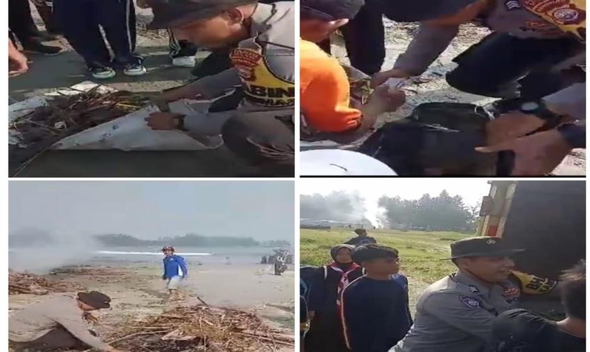 Peringati Hari Pramuka Ke 62, Bhabinkamtibmas Polsek Teluk Segara Gotong Royong Bersihkan Pantai Bersama Warga