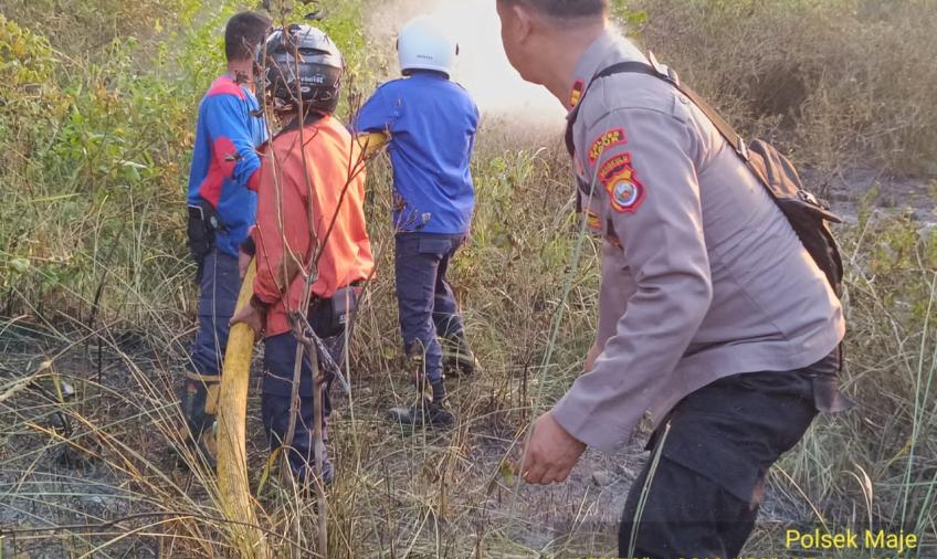 Terjadi Kebakaran Lahan di desa Linau, Kapolsek Maje Bersama Personel Turun Langsung Padamkan Kebakaran