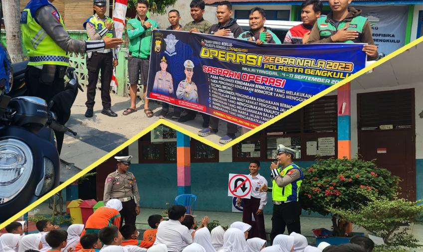 Ops Zebra Nala, Satlantas Polresta Bengkulu Berikan Binluh ke Drivel Ojol dan Edukasi para Pelajar