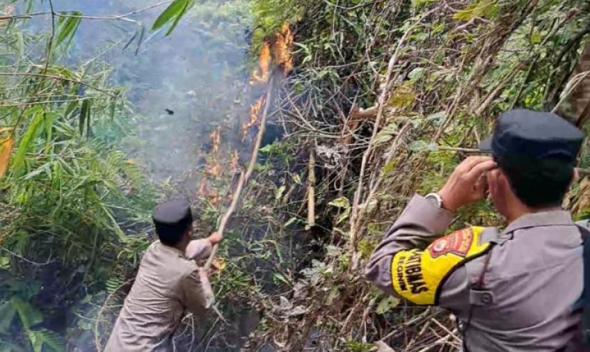 Bhabinkamtibmas Polsek Seginim Bantu Padamkan Kebakaran Lahan 