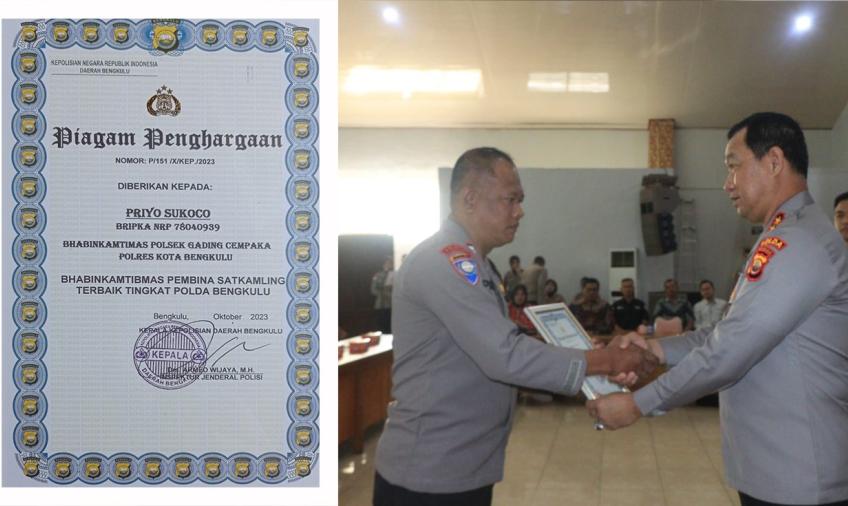 Bhabinkamtibmas Polsek Gading Cempaka Raih Penghargaan Pembina Satkamling Terbaik Tingkat Polda Bengkulu