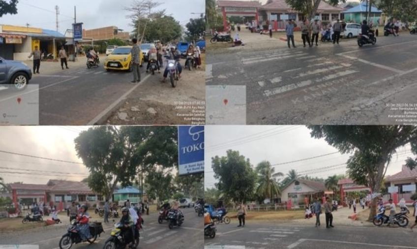 Personel Satlantas Laksanakan Pengaturan Lalu Lintas Pagi di Samping KPU Kota Bengkulu