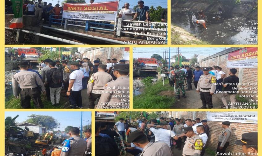 HUT Kodam Sriwijaya ke-78, TNI-Polri Bersinergi Bersama Pemkot Gelar Bakti Sosial Bersihkan Bantaran Sungai
