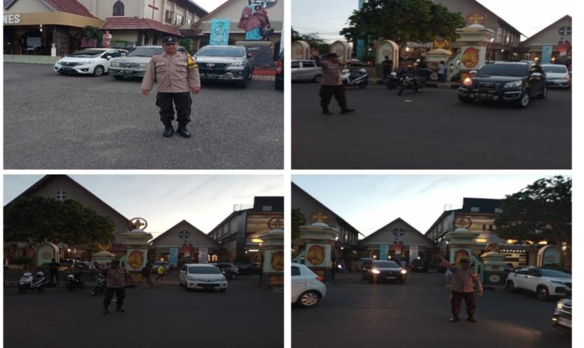 Monitoring dan Atur Lalin di Depan Gereja, Personel Polsek Teluk Segara Berikan Rasa Aman dalam Beribadah 