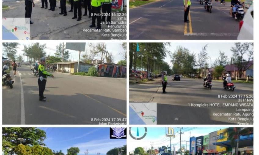 Sat Lantas Polresta Bengkulu, Laksanakan Giat Rutin Pamtur Lalin Kamis Sore di Persimpangan Objek Wisata Pantai