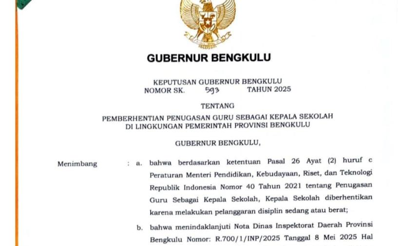 Surat Keputusan Gubernur Bengkulu Nomor SK.593 Tahun 2025 yang ditandatangani pada 16 Juni 2025.